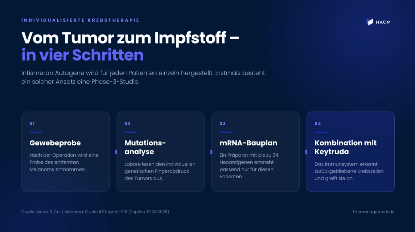 Vier Schritte vom Tumorgewebe zum fertigen Pr&auml;parat: Jede Dosis Intismeran Autogene entsteht individuell aus dem Erbgut eines einzelnen Patienten